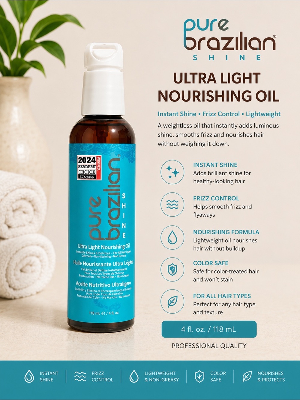Pure Brazilian Shine Ultra Light Nourishing Oil - Teal Bottle